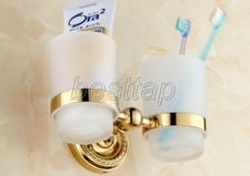 Gold Color Brass Wall Mounted Bathroom Two Glass Cup Toothbrush Holder sba610