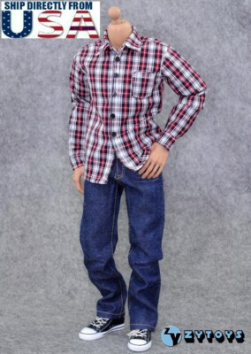 1/6 Red Plaid Long Sleeves Shirt Jeans Set For 12'' Hot Toys Male Figure U.S.A.