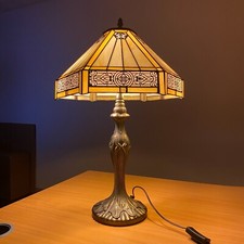Tiffany Table Lamp 16 inch Yellow Hexagon Stained Glass shade Antique Style UK