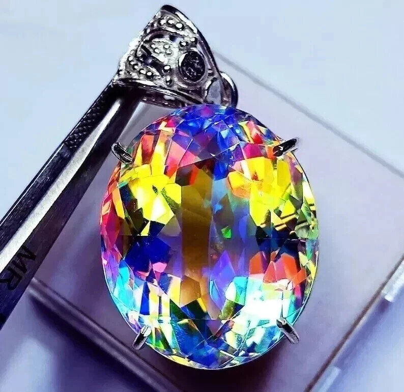 Natural Oval Mystic Topaz 68.20 Ct+ 925 Solid Silver Rainbow Pendant Gemstone