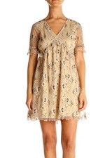 Francesca's Beige Lace Holiday Fit & Flare V-Neck Lined Cocktail Dress, Size M