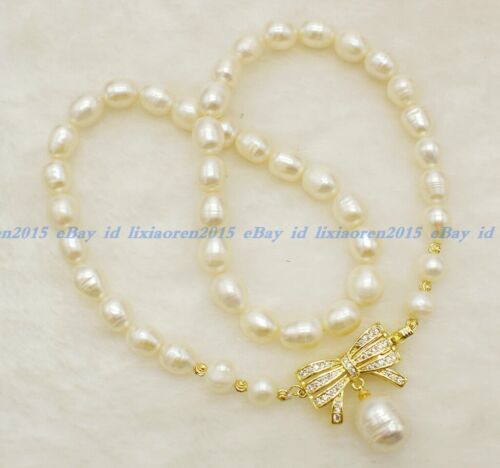 Real Natural 7-8mm White Baroque Freshwater Pearl Bow Tie Pendant Necklace 18" - Picture 3 of 5