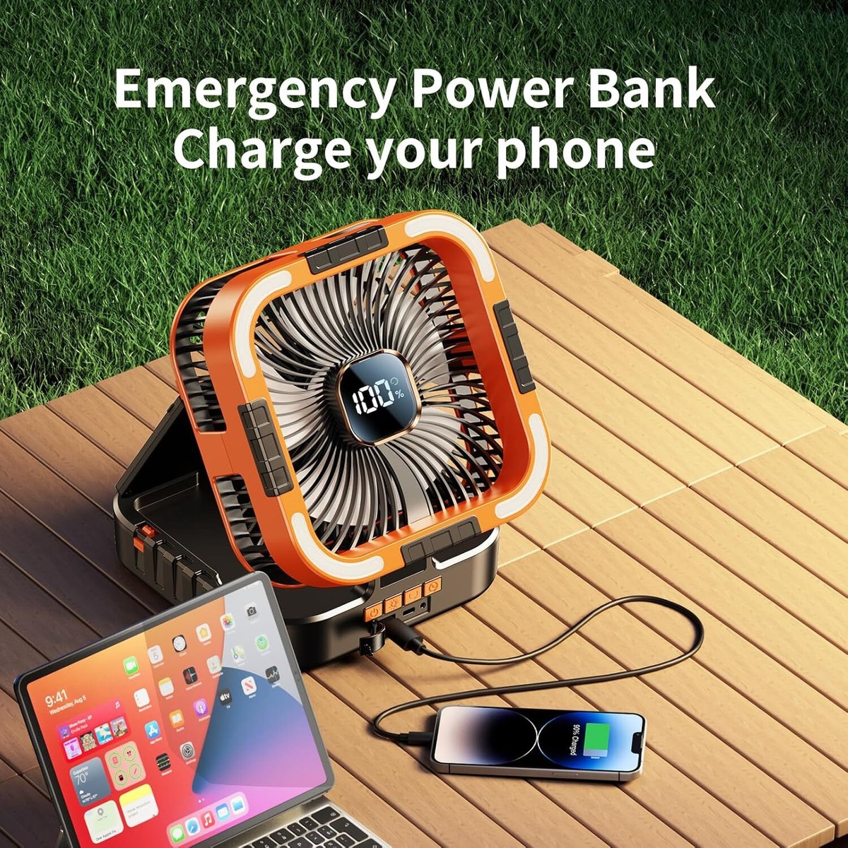 Portable Camping Fan With Solar Panel, 10000mAh Solar Powered Fan