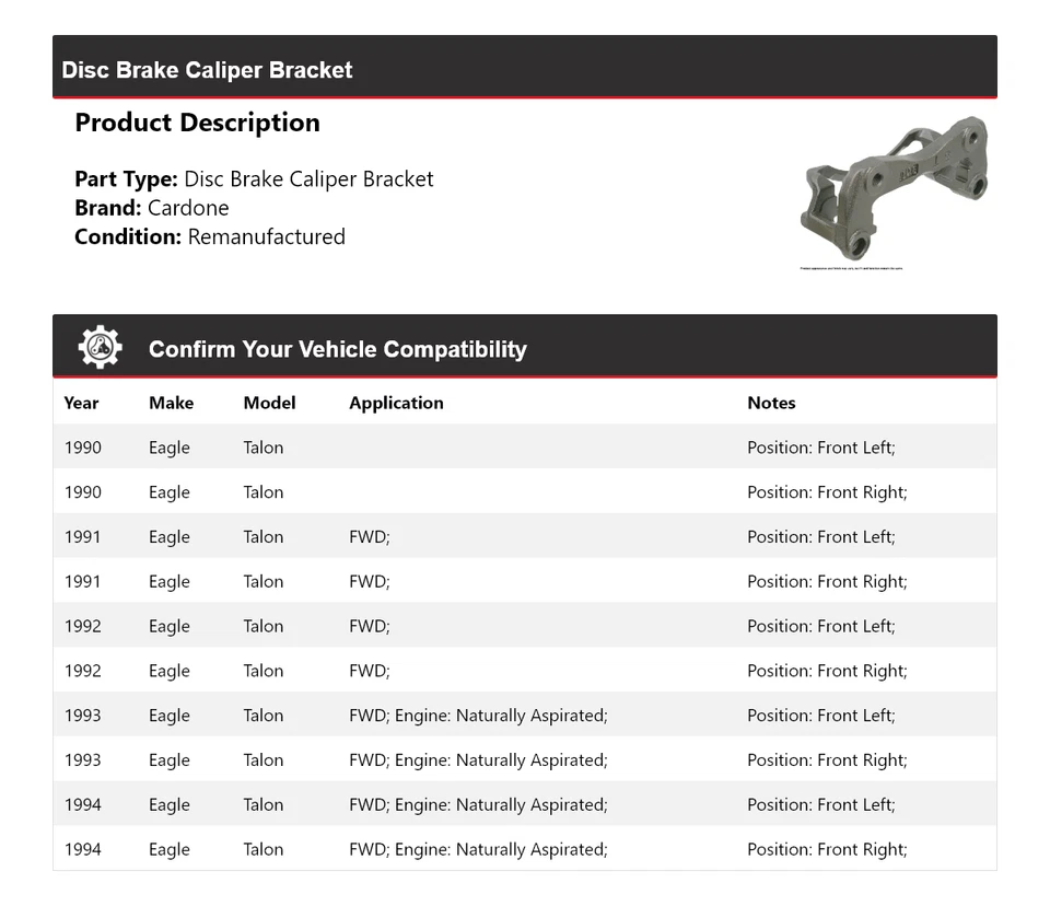 For 1990-1994 Eagle Talon Disc Brake Caliper Bracket Cardone 1991 1992 1993 - Image 2 of 4