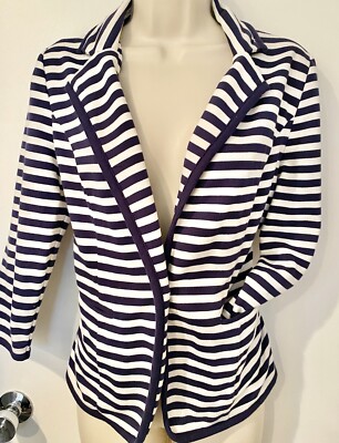 CYNTHIA ROWLEY Blazer Ponte Knit Blazer Jacket Navy Blue White Stripe Size  M