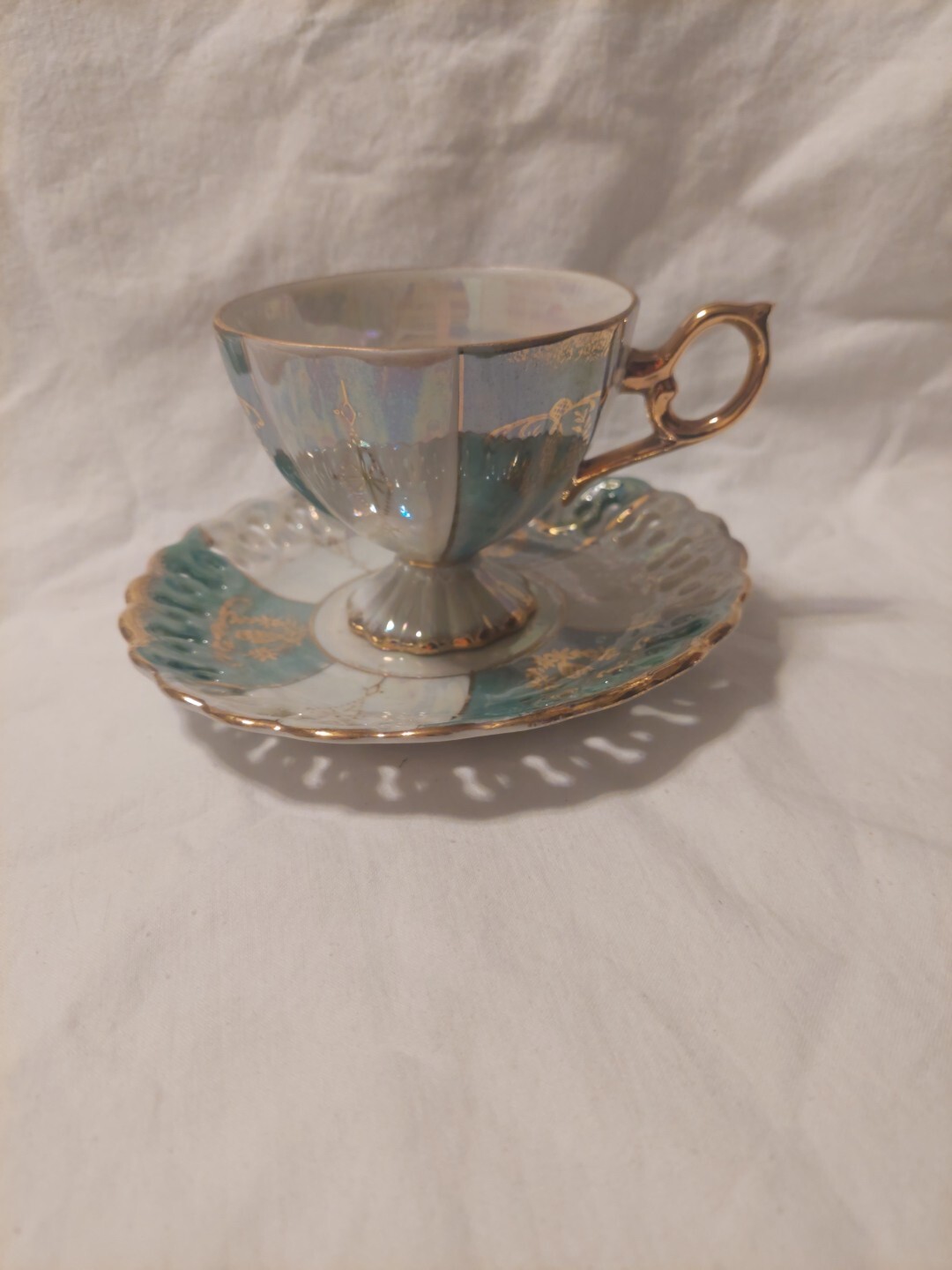 Teal and White Gold-Trimmed Double-Handle Footed Teacup with Saucer #5063-image