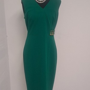 green emerald velvet dress Calvin Klein Velvet V-Neck Dress with Gold V-Bar and Side Ruching Malachite  6 at Amazon Women's Clothing store