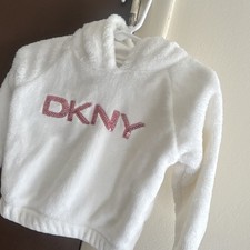 DKNY Hooded Logo Fleece Pullover Sweater White/Pink 12M Fall Winter