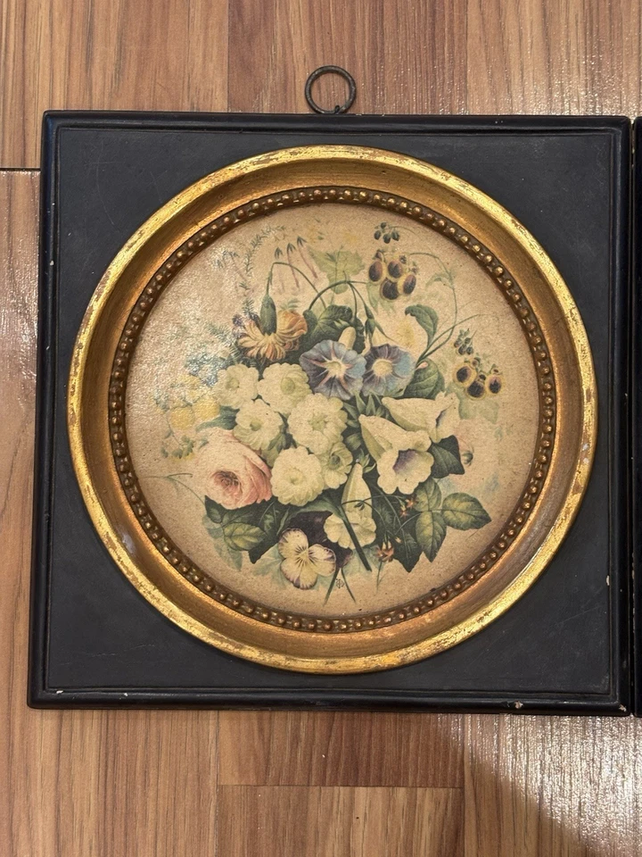 PAR DE CUADRADOS DE ARTE FLORAL VICTORIANOS COLGANTES DE PARED DE BORGHESE DE COLECCIÓN ORIGINALES 9,5 PULGADAS Foto 3 de 4