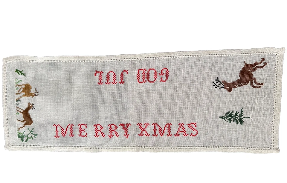 Corredor de mesa sueco de Navidad lino ciervo DIOS JUL 26" x 9,5" cosido en cruz bonito Foto 2 de 4