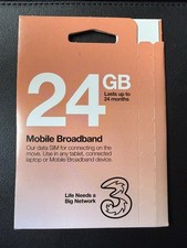 Three Mobile Network 24GB Broadband Data SIM for 24 Months. Use in 71 Countries.