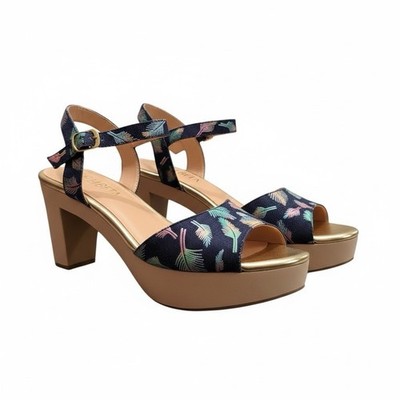 Billy Ella Wood Platform Sandals Metallic Denim Blue Women s Size 8