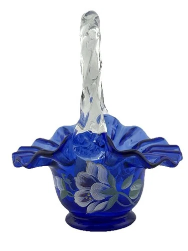 Vtg Fenton Mini Glass Basket Cobalt Blue Hand Painted Magnolias Signed W. Lemley