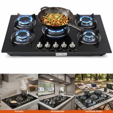 Gas Hob 77cm 5 Burner Ring Tempered Glass Cooker Hob Gas Burner Hob 2 Gas Supply