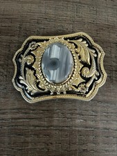 Cowboy Western Floral Scroll Belt Buckle Botswana Agate Vintage 80s