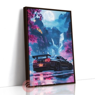 NISSAN GTR R34 SKYLINE WASSERFALL MONDNACHT Kunst Schwebeeffekt gerahmte Leinwand
