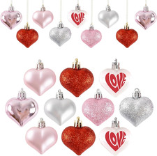 Valentine's Day Heart Ornaments - 36Pcs Red Pink Silver Baubles for Decor