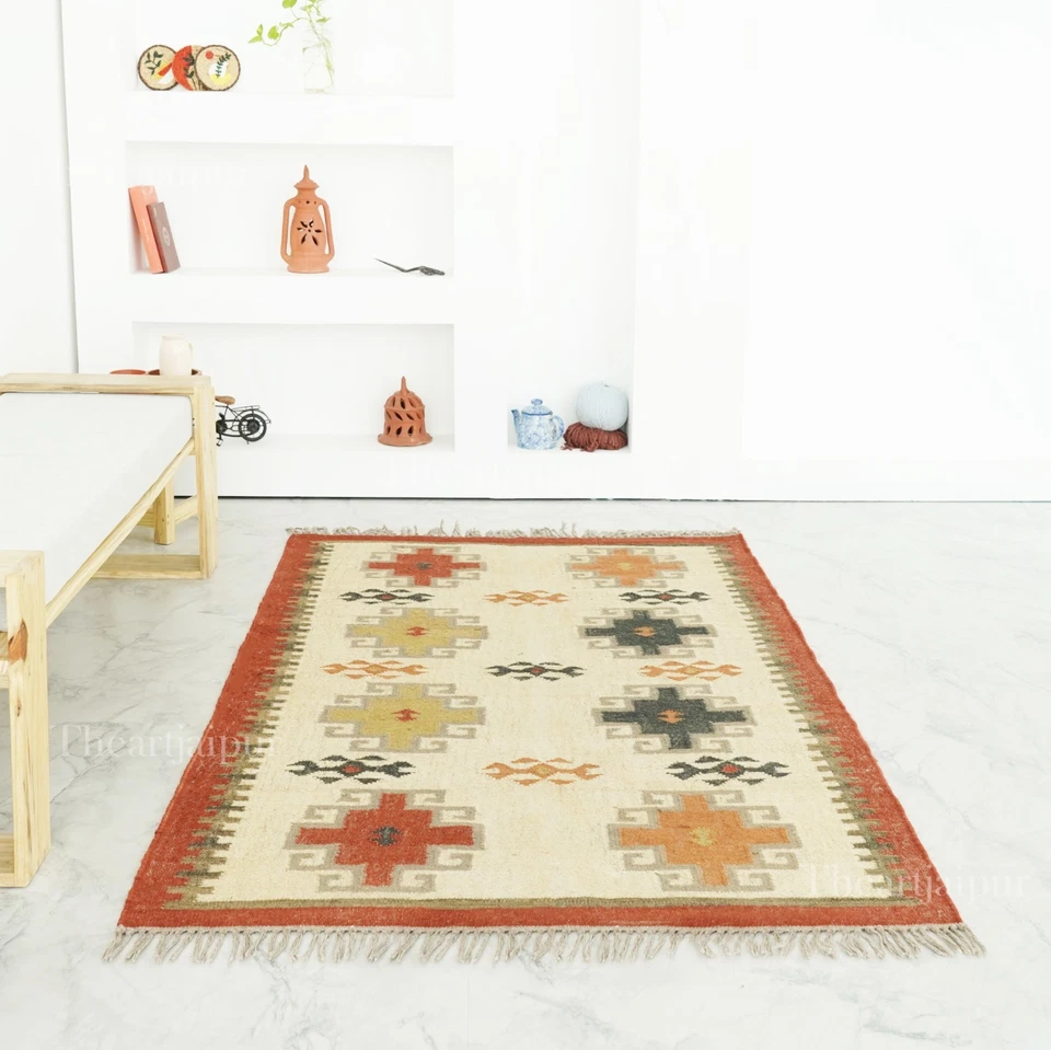 Alfombra de yute de lana Kilim, alfombra tejida a mano, alfombra decorativa boho, alfombra de piso de tamaño personalizado Foto 4 de 4