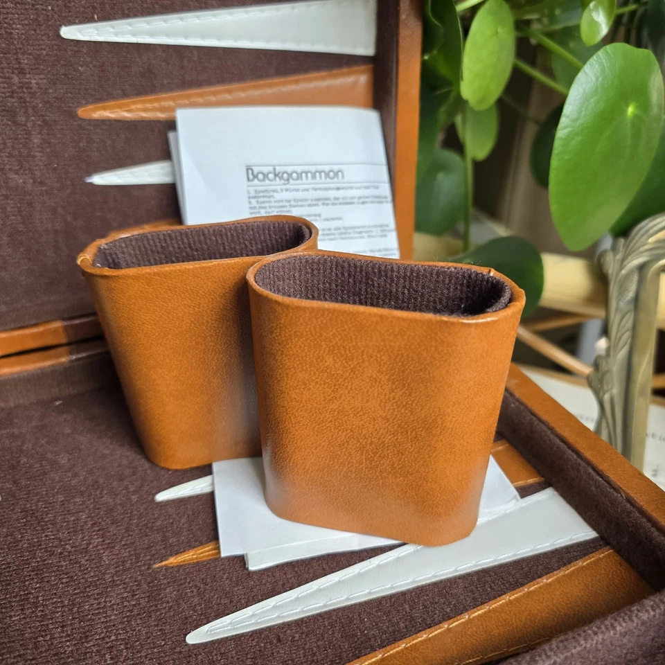 Vintage Tournament Backgammon Set Faux Leather Brown Caramel Carry Case Complete - Image 3 of 4