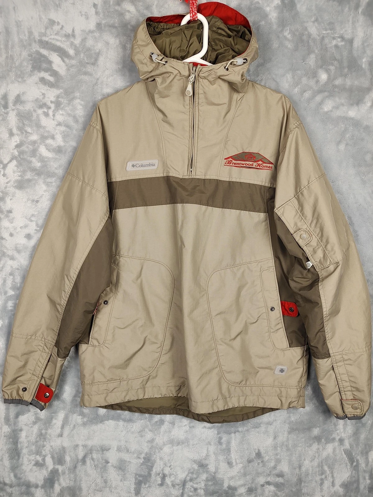 Columbia Jacket Mens Medium Beige Hooded Anorak 1/4 Zip Brentwood Homes Outdoor