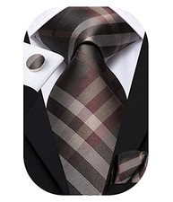 Mens Plaid Ties Classic Paisley Necktie with Handkerchief Brown Plaid