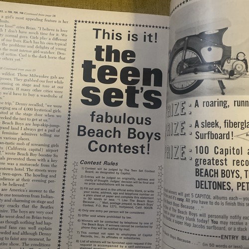 1964 The Teen Set "The Beach Boys" Magazine Volume 1 Number 1 33 Pages RARE! - Picture 9 of 9