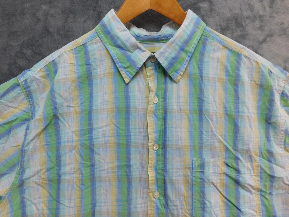 Camisa Aigle Para Hombre 2XL Azul Verde Amarillo Rayas Manga Corta Botón Bolsillo Frontal Foto 2 de 4