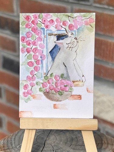 ACEO Original Painting, Cat “hello sunshine “ 2.5x3.5in Art by Ang