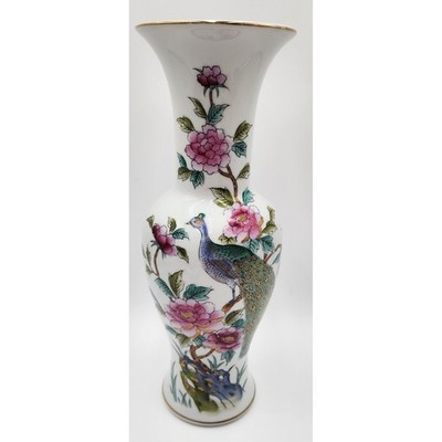 Norleans Peacock Peony Porcelain Vase Japan 15 Inch White Gold Trim Excellent