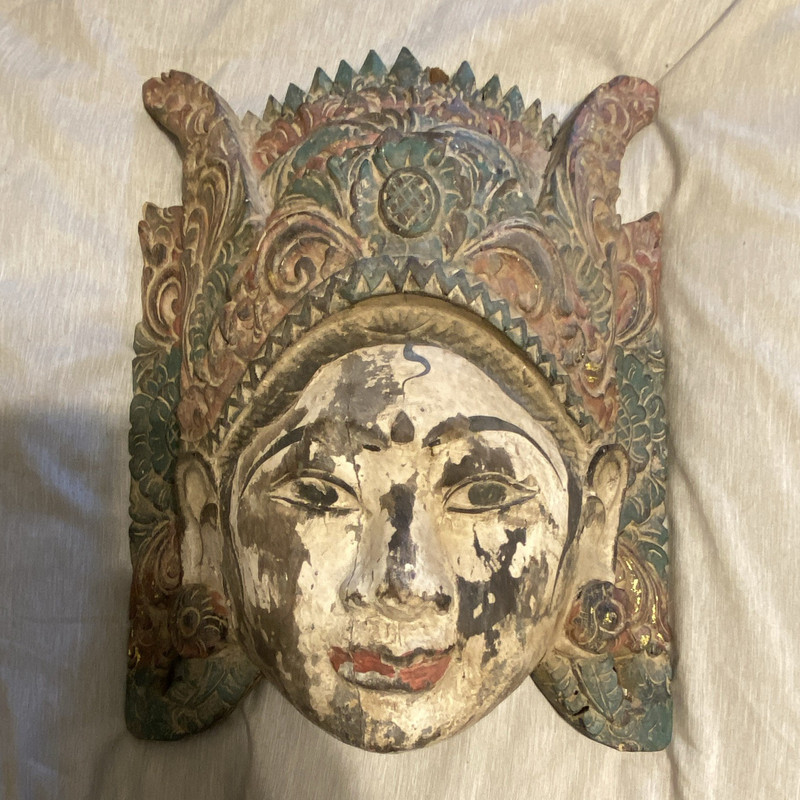 Hand-Carved Painted Wood Decorative Tribal Art Wall Mask Brown Gold Green