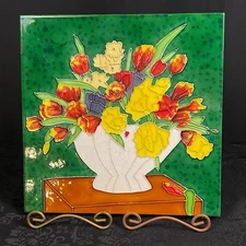 Ceramic Decorative Tile Raised Painted Flower Bouquet Still Life Colorful 11.5”