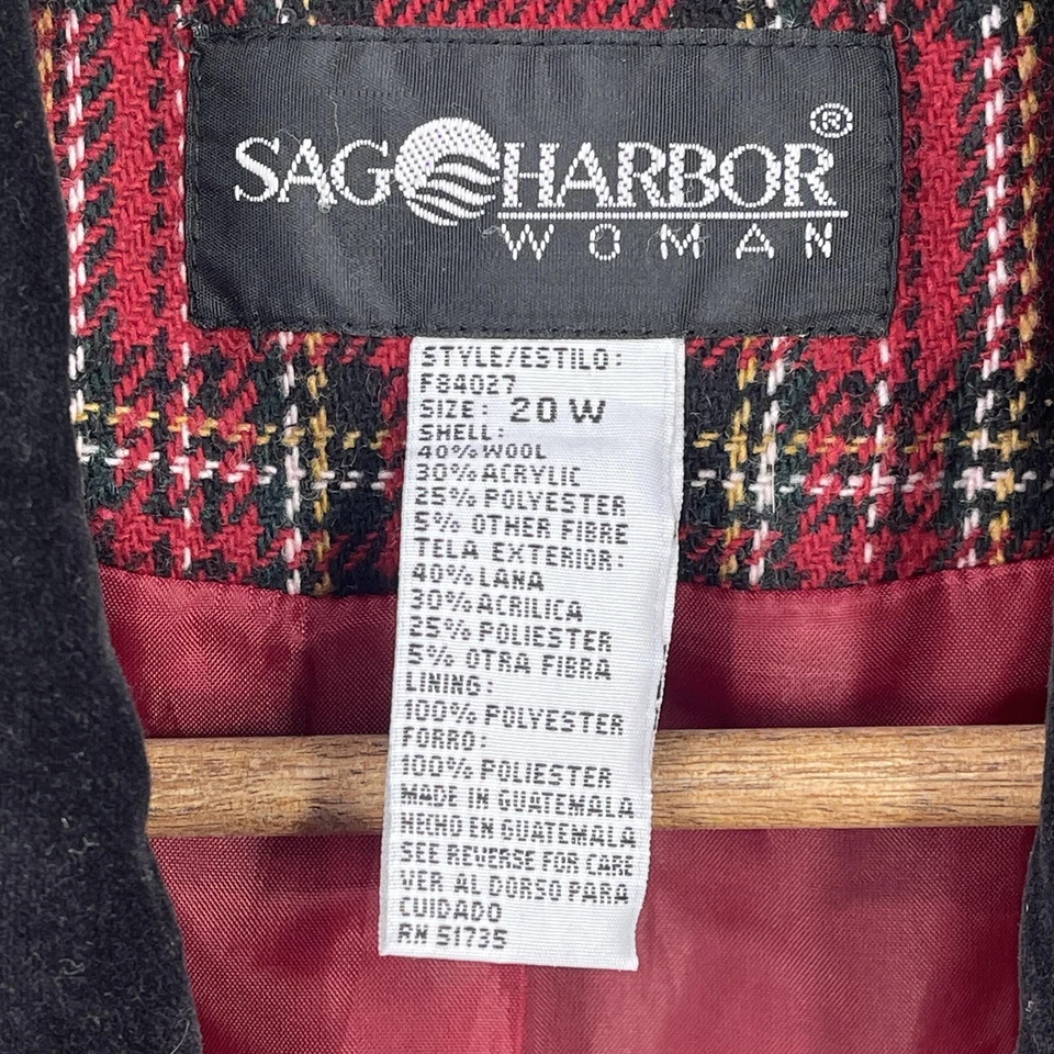 Blazer Academia Vintage Mujer Tartán Rojo Cuadros Mezcla Lana Cuello Terciopelo Talla 20W Foto 4 de 4