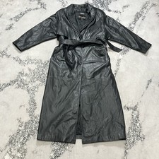 Vtg Wilsons Leather Trench Coat Black Long Belted Womens Size L Korea Lined