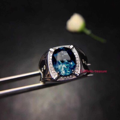 Natural London Blue Topaz & CZ Gemstones with 925 Sterling Silver Men's ...