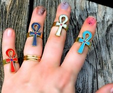 Egyptian Inlaid Brass Turquoise Carnelian &  ANKH Adjustable Ring