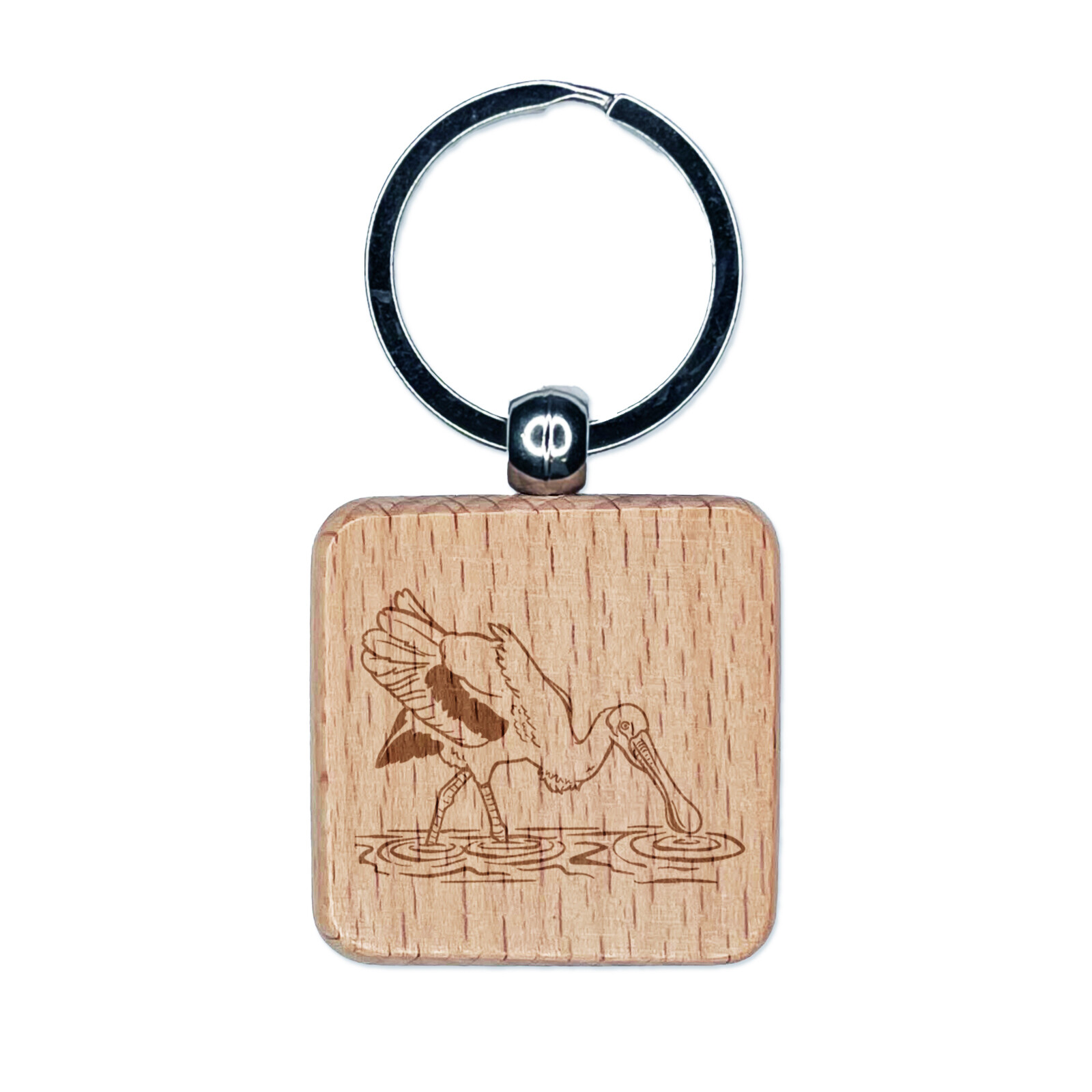 Roseate Spoonbill Wading in Water Bird Engraved Wood Square Keychain Tag Charm