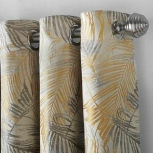Par de cortinas superiores de anillo con diseño de hoja de Fiji ocre y plata totalmente forradas - Imagen 3 de 3