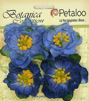 RUFFLED PEONY - BLUE - 45 to 50mm x 4 Flowers with Centre FABRIC  Petaloo A1