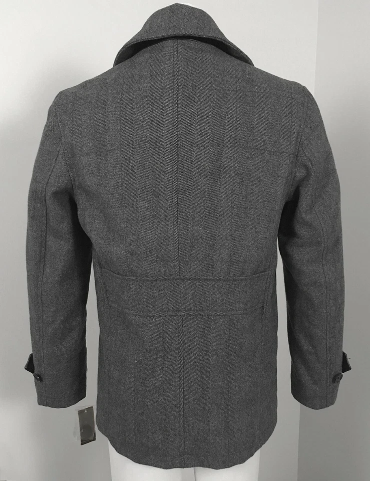 NEW $350 Macy's Tasso Elba Peacoat Jacket! 3/4 Length Gray Plaid Leather Details - Image 2 of 3
