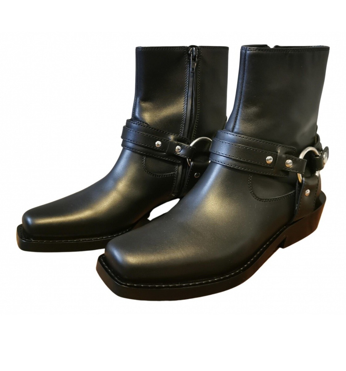 women paco rabanne cowboy strappy biker black learher ankle boots