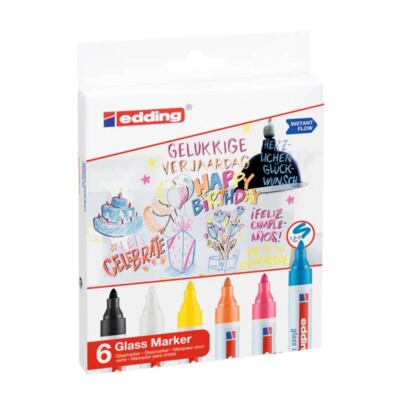 EDDING Glasmarker 95 6er Set Sortiert abwischbar 2-3mm Rundspitze Deko Home DIY