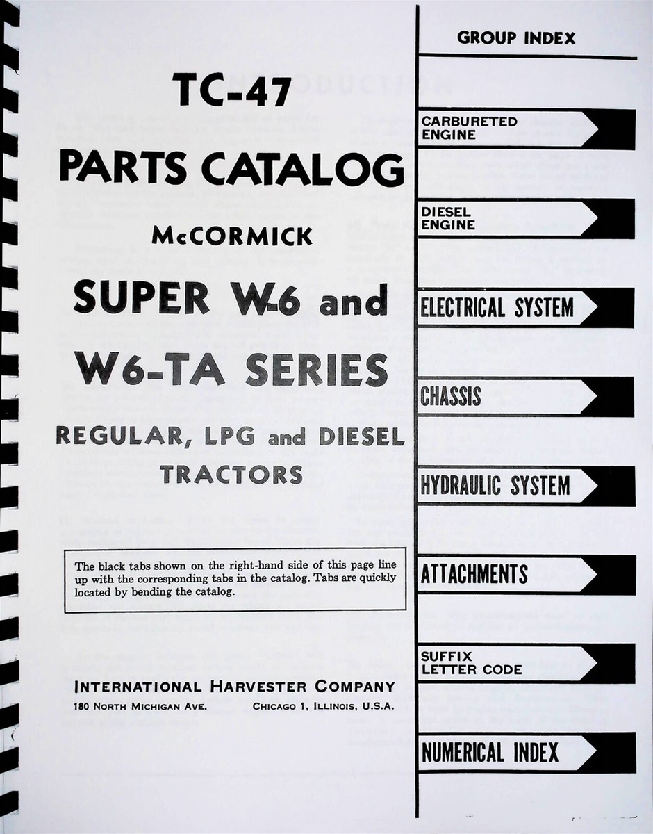 International McCormick Tractor Parts Manual Catalog Super W6 W6TA