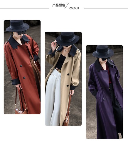 Retro Womens Double Breasted Mid Long Trench Coat Overcoat Loose Fit Color Block - Picture 10 of 26