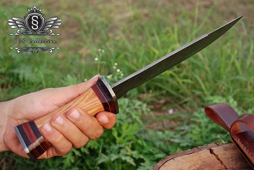 Custom Handmade Damascus Steel Hunting Bowie Knife With Premium Leather Cover, - Picture 3 of 5