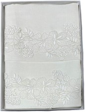 Asciugamani Coppia 1+1 Puro Lino Ricamati a Mano Balza Punto Antico Alta Qualità