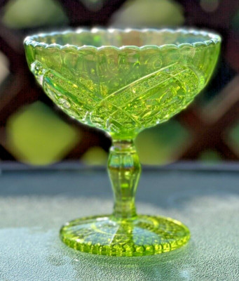 Indiana Glass Tiara Lime Green Carnival Eclipse Flower Medallion Footed Compote