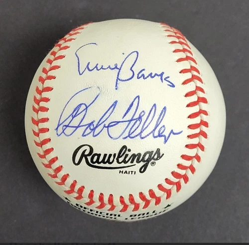 Bob Feller Ernie Banks Signed Dual Autographed ONL Rawlings Haiti Baseball BAS