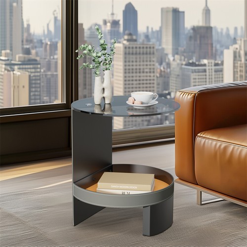 2 Tier C-Shaped End Table Accent Table with Glass Top & Microfiber Leather Shelf - Picture 5 of 20