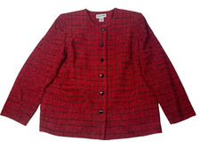 Alfred Dunner Womens 16 Red Tweed Jacket Plaid Button Front Blazer Career