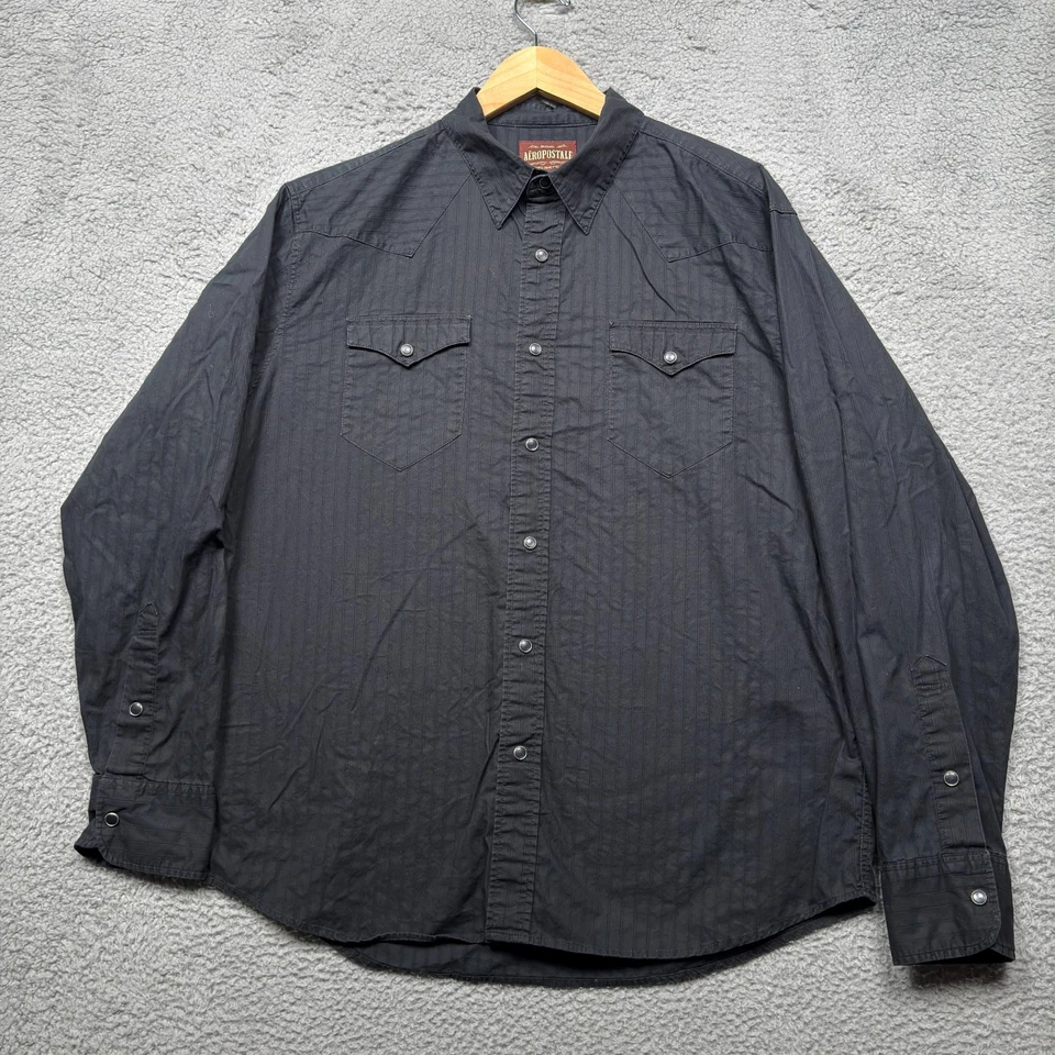 Camisa Aeropostale Western Para Hombre Grande Negra Calce Ajustado Perla A Presión Manga Larga Foto 2 de 4